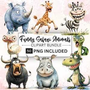 50 Funny Safari Animals, Clipart Bundle, Watercolor, Commercial Use, Clipart, Jungle Nursery, Jungle Safari PNG, Explorers, African Safari