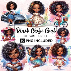 30 Black Chibi Girl Clipart, Afro Girl PNG, Black Women Clipart, Cute Girl Doll Cliparts, Junk Journal, Instant Download, Commercial Use