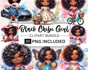 May include: A digital clipart bundle of 30 black chibi girl illustrations. The illustrations feature a variety of poses and expressions, including a girl reading a book, a girl with butterfly wings, a girl riding a bicycle, and a girl holding a cupcake. The illustrations are perfect for use in digital scrapbooking, card making, and other creative projects.
