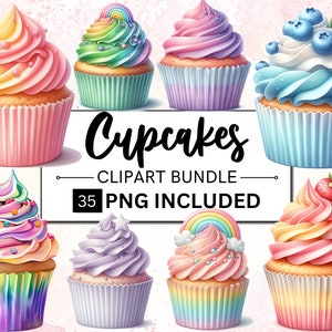 Lot de 35 cliparts aquarelle cupcakes, Clipart Dessert, Clipart Cupcake, Cupcake arc-en-ciel PNG, Clipart Dessert anniversaire PNG, usage Commercial