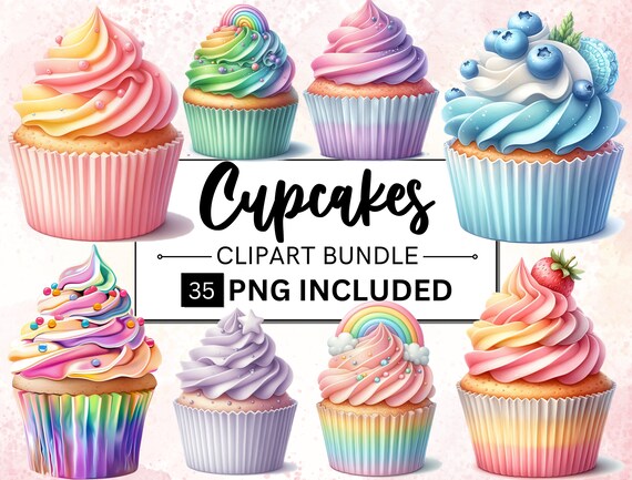 35 Watercolor Cupcakes Clipart Bundle, Dessert Clipart, Cupcake Clipart, Rainbow Cupcake PNG, Birthday Dessert Clipart PNG, Commercial Use