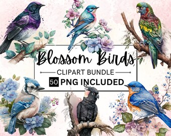 Imágenes prediseñadas de pájaros en acuarela, flores de primavera, 50 ilustraciones PNG (descarga digital)