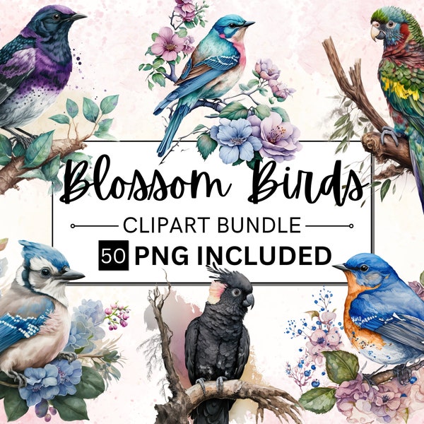 50 Watercolor Birds Clip Art, Colorful Birds Clipart, Spring Clipart, Bird Illustration, Cute Birds & Blossoms, Card Making, Animal Clipart