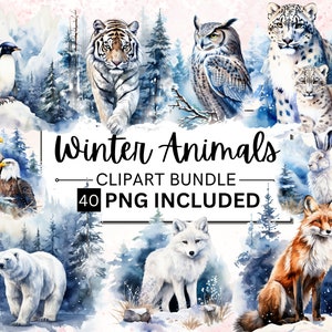 40 aquarel winter dieren clipart, ijsbeer, png kerst winter clipart, pinguïn, sneeuwluipaard, zeehond illustraties, commercieel gebruik