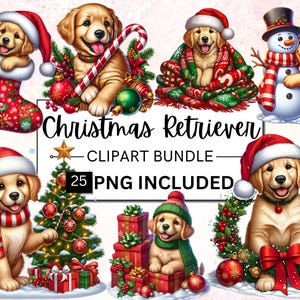 25 Watercolor Christmas Puppy Clipart Bundle, Winter Festival Dog Images, Christmas Graphics, Golden Lab, Cute Puppy PNG, Commercial Use