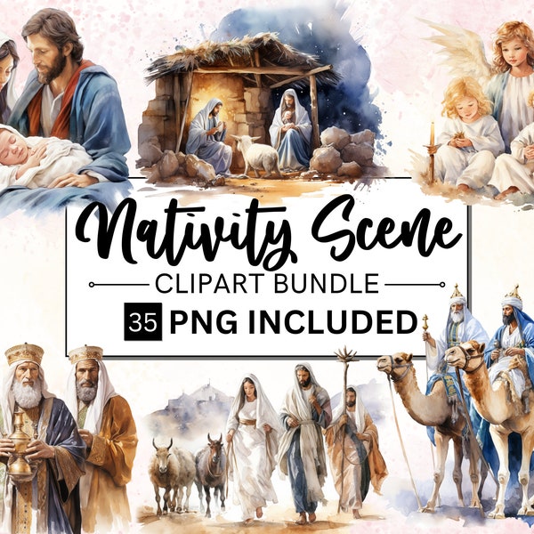 35 Watercolor Christmas Nativity Scene Clipart Bundle, Jesus PNG, Jesus Christmas Clipart, Card Making Scrapbooking, Commercial Use, PNG