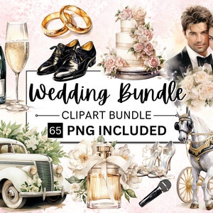 65 aquarel bruiloft clipartbundel, huwelijk png, uitnodiging, ring, Just Married clipart, bruid en bruidegom digitale download, commercieel gebruik