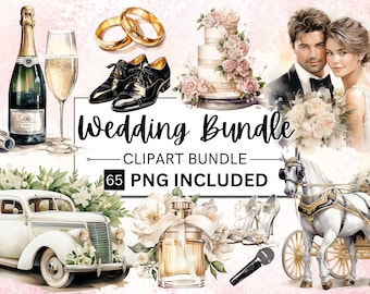Watercolor Wedding Clipart Bundle, 65 PNG Graphics (Digital Download)