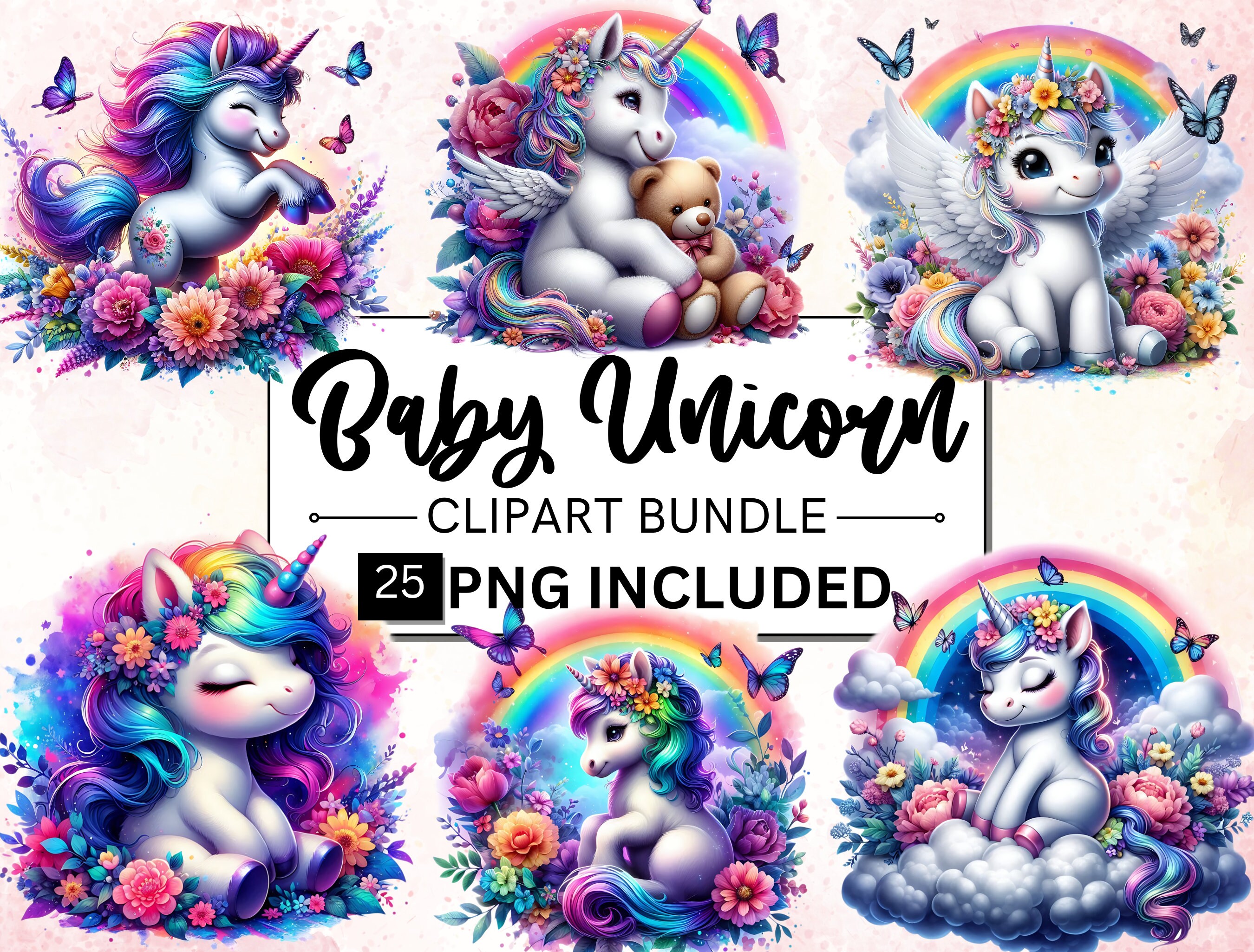 Watercolor Baby Unicorn Clipart Bundle, Rainbow Unicorn PNG (25 Images ...