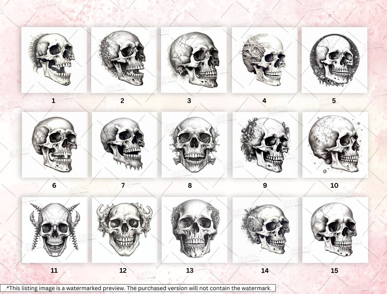 May include: A set of 15 black and white skull illustrations. Each skull is drawn in a different style, with some featuring intricate details like flowers, vines, and other decorative elements.