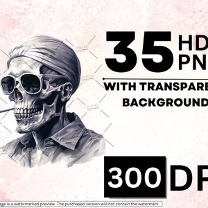 May include: A black and white digital illustration of a skull wearing sunglasses and a bandana, smoking a cigarette. The image is labeled "35 HD PNG with Transparent Background 300 DPI".