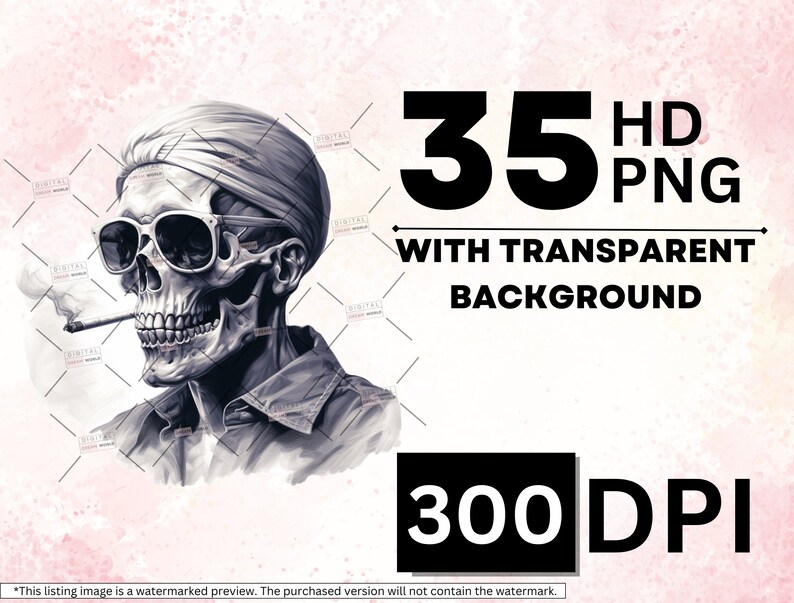 May include: A black and white digital illustration of a skull wearing sunglasses and a bandana, smoking a cigarette. The image is labeled "35 HD PNG with Transparent Background 300 DPI".