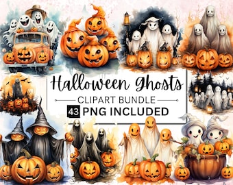 43 Watercolor Spooky Halloween Ghosts Clipart, Cute Halloween PNG, Spooky Ghosts, Scrapbook, Paper Crafts, PNG Digital File Commercial Use