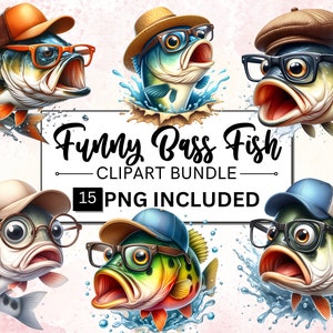 Paquete de 15 imágenes prediseñadas de pez lubina en acuarela, divertido pez lubina PNG, imágenes prediseñadas de pez, pez pescador PNG, PNG de pesca, uso comercial, descarga digital