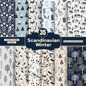 Puede incluir: Un paquete de papel digital con 35 diseños de invierno escandinavo. Los patrones incluyen búhos, árboles, ciervos, casas, velas y tazas en tonos de azul, blanco y beige. La imagen incluye el texto "Scandinavian Winter" y "Digital Paper Bundle."
