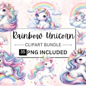 35 imágenes prediseñadas de unicornio arcoíris de acuarela, unicornio bebé mágico PNG, imágenes prediseñadas de niña de cumpleaños de unicornio, cumpleaños caprichoso de cuento de hadas, uso comercial