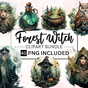 40 PNG Watercolor Forest Witch Clipart, Green Witchcraft Clip art, witch clip art png, magic clip art, Nature Witch Bundle, witchcraft png