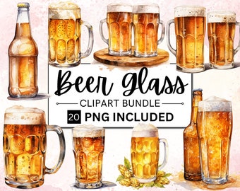 Watercolor Beer Glass Clipart Bundle, Drinks PNG (20 Items)
