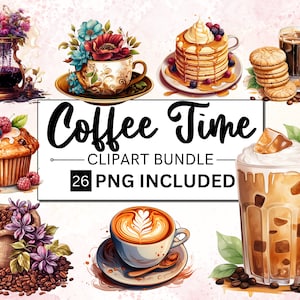 26 PNG aquarela Coffee Time Clipart, Coffee Clip Art, Coffee Shop Clipart Bundle, cafeteiras vintage, canecas e xícaras de café florais png conjunto