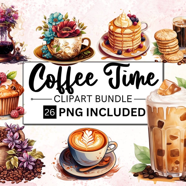 26 PNG Watercolor Coffee Time Clipart, Coffee Clip Art, Coffee Shop Clipart Bundle, Vintage coffee pots, Floral Coffee mugs and cups png set