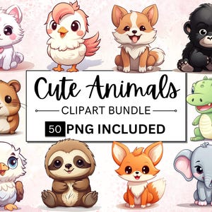 50 imágenes prediseñadas de animales lindos en acuarela, animales bebés, animales del bosque, animales imprimibles, lindos PNG para guardería, descarga digital, uso comercial
