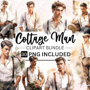 30 vintage cottage jonge man aquarel clipart bundel, mannen mode clip art png bundel set, junk journal scrapbooking, commercieel gebruik