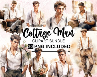 Vintage Young Man Watercolor Clipart, Cottage Fashion PNG Bundle (30 Files)