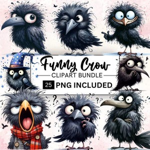 25 Funny Crows Clipart Bundle, Cute Caricature Birds PNG, Cute Quirky Crow, Cartoon Black Bird, Crow Png, Digital Prints, Bird Scrapbooking