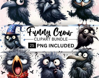 Paquete de imágenes prediseñadas de cuervos divertidos, aves caricaturescas en formato PNG (impresiones digitales)