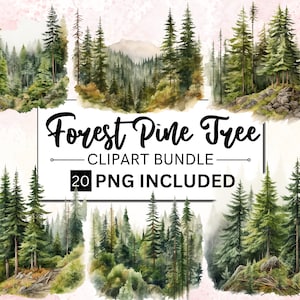20 Watercolor Forest Tree Clipart, Pine Tree Png , Woodland Tree, Forest Landscape, Watercolor Tree, Wedding invitation, Digital Png