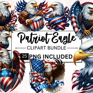 Bundle de 25 cliparts aigle patriotique USA, aigle américain PNG, 4 juillet PNG Clipart, clipart fête de l'indépendance de l'Amérique, usage Commercial numérique