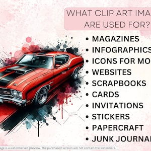 Puede incluir: Un coche rojo vintage con una franja negra en el cap&oacute;. El texto "WHAT CLIP ART IMAGES ARE USED FOR?" est&aacute; escrito en un cuadro rosa sobre el coche. Debajo del coche hay una lista de usos para las im&aacute;genes de clipart, que incluyen revistas, infograf&iacute;as, iconos para m&oacute;viles, sitios web, &aacute;lbumes de recortes, tarjetas, invitaciones, pegatinas, manualidades de papel y diarios de chatarra.