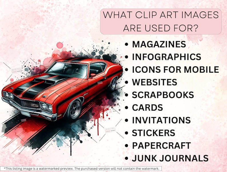 Puede incluir: Un coche rojo vintage con una franja negra en el cap&oacute;. El texto "WHAT CLIP ART IMAGES ARE USED FOR?" est&aacute; escrito en un cuadro rosa sobre el coche. Debajo del coche hay una lista de usos para las im&aacute;genes de clipart, que incluyen revistas, infograf&iacute;as, iconos para m&oacute;viles, sitios web, &aacute;lbumes de recortes, tarjetas, invitaciones, pegatinas, manualidades de papel y diarios de chatarra.