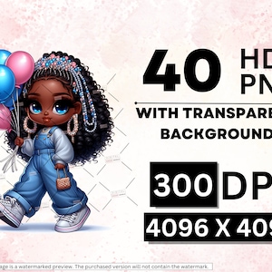 Puede incluir: Una ilustraci&oacute;n digital de una ni&ntilde;a negra con ojos azules y cabello negro rizado que lleva un vestido de mezclilla azul y sostiene un ramo de globos coloridos. La imagen es de 4096 x 4096 p&iacute;xeles y 300 DPI.