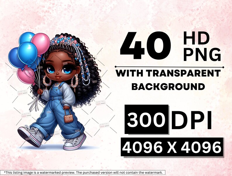 Puede incluir: Una ilustraci&oacute;n digital de una ni&ntilde;a negra con ojos azules y cabello negro rizado que lleva un vestido de mezclilla azul y sostiene un ramo de globos coloridos. La imagen es de 4096 x 4096 p&iacute;xeles y 300 DPI.