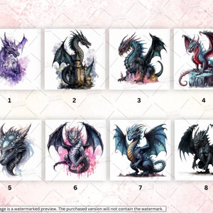 May include: Eight different digital illustrations of dragons in various poses and colors. The dragons are depicted with wings, scales, and horns. Some of the dragons are shown with a castle in the background.