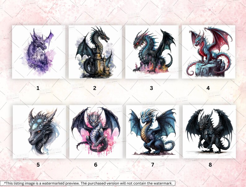 May include: Eight different digital illustrations of dragons in various poses and colors. The dragons are depicted with wings, scales, and horns. Some of the dragons are shown with a castle in the background.