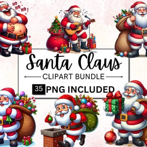 35 Watercolour Santa Claus Clipart Bundle, Winter Holiday Graphic PNG, Xmas Noel Sublimation, Christmas Clipart Bundle, Free Commercial Use