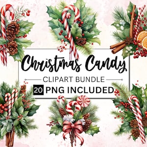 20 imágenes prediseñadas de bastones de caramelo de acuarela, imágenes prediseñadas de dulces navideños PNG, paquete de imágenes prediseñadas de invierno, planificador digital de vacaciones, imágenes de collage, manualidades de papel