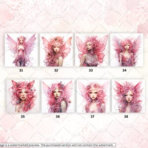 May include: Eight digital illustrations of fairies with pink wings and hair. Each fairy has a different pose and expression. The background is white.
