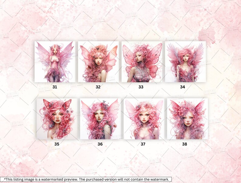 May include: Eight digital illustrations of fairies with pink wings and hair. Each fairy has a different pose and expression. The background is white.