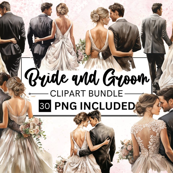 30 Aquarell Braut und Bräutigam Zurück Clipart Bundle, Hochzeitstag PNG, Just Married Clipart, Romantische Braut und Bräutigam PNG Sublimation Clipart