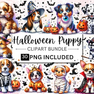30 Aquarell Halloween Hunde Clipart Bundle, niedliche Halloween Tiere PNG, Tier PNG Bundle, Halloween Hunderassen PNG Bundle, kommerzielle Nutzung