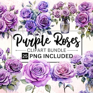 25 lila Blumen Clipart, lila Rose Aquarell Blumen, kommerzielle Nutzung, transparente PNGs, Hochzeitseinladung Florals Blumensträuße & Pose