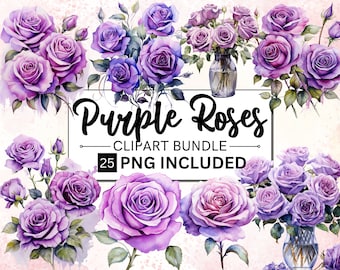 Watercolor Purple Rose Clipart, Floral Bouquets, PNG (25 Files)
