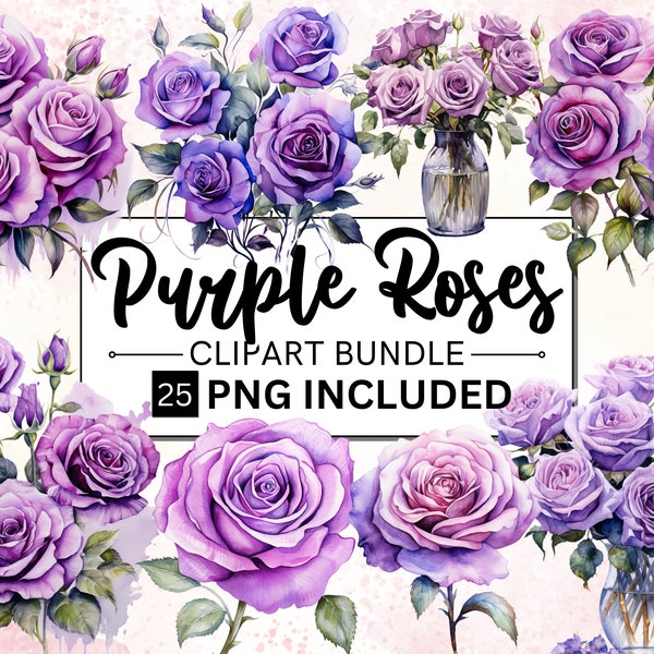 25 Purple Floral Clipart, Purple Rose Watercolor Flowers, Commercial Use, Transparent PNGs, Wedding Invitation Florals Bouquets & Pose