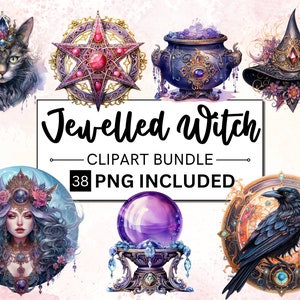 38 PNG Watercolor Jewelled Witch Clipart, Royal Witchcraft Clipart, Witch magic clipart PNG, Royal Witch Bundle, witchcraft png