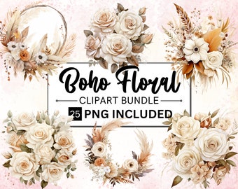 25 Watercolor Boho Floral Clipart, Bohemian Flowers Arrangements, Boho Dried flowers PNG, Bohemian Bridal bouquets Clipart, Wedding Elements