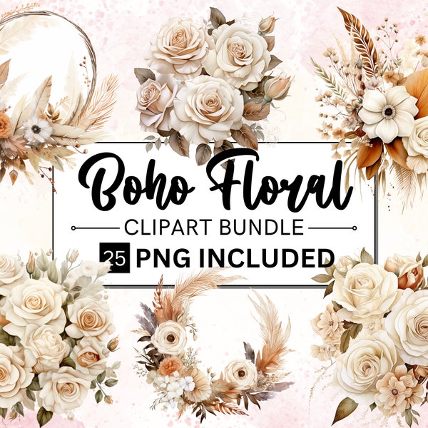 25 PNG Watercolor Elegant Boho Floral Clipart, Boho Flowers Clip Art, Boho roses bouquets Elegant Bohemian Flowers, Boho Botanical Elements