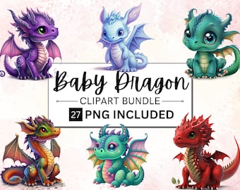 27 Watercolor Baby Dragon Clipart Bundle, Cute Colorful Fantasy Creature PNG, Kawaii Nursery Illustration, Party Graphics, Digital Download